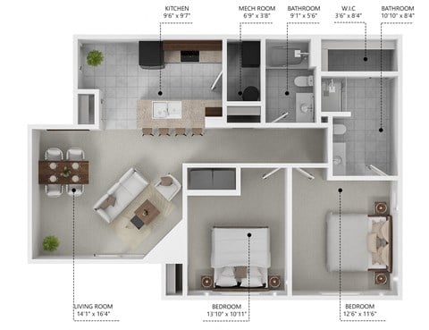 Floor plan for 2 beds, 2 baths, 1041 sqft